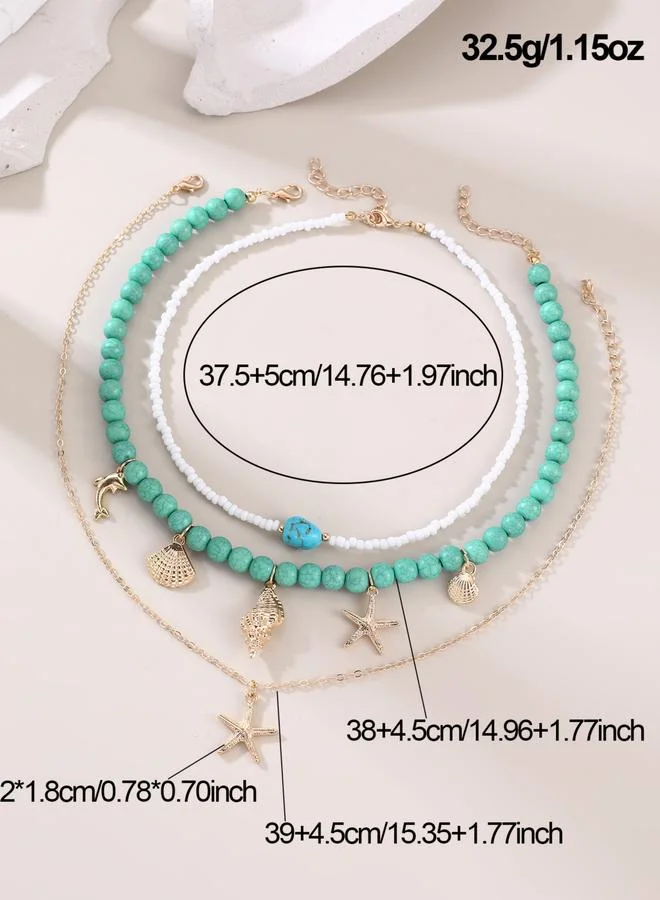 Take Two  Pack of 3 - Teal Beaded Ocean Charm Necklace for Women | Best Price UAE